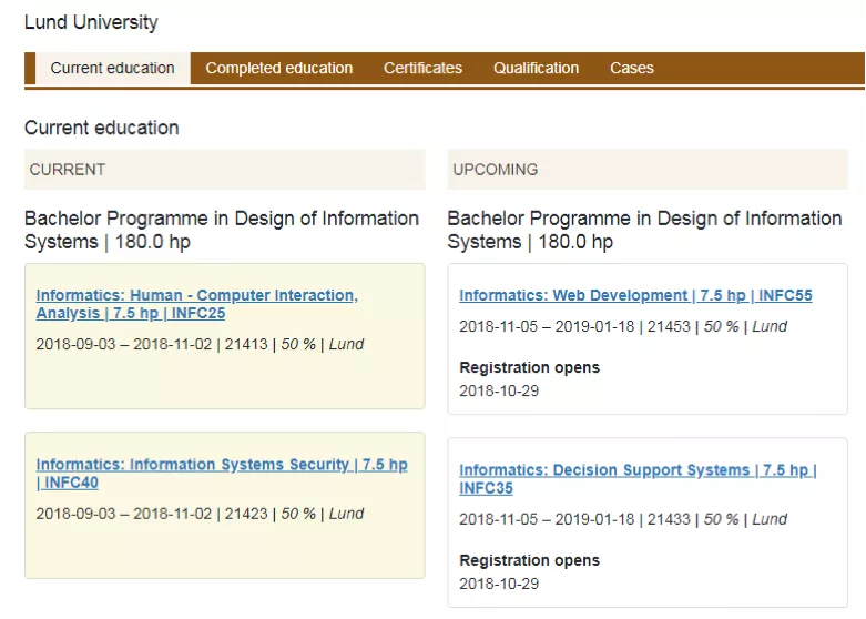 Student portal page showing current and upcoming courses.